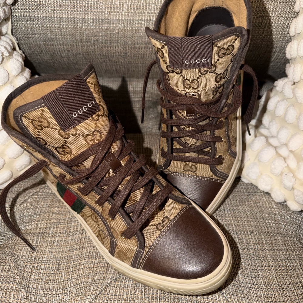 Gucci Brown GG Canvas & Leather High-Top Sneakers with Web Stripe